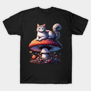 Funny Vintage White Cat in Mushroom Garden T-Shirt